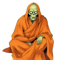 zombie draped in orange monk clothing, drawn by jean giraud and moebius, flat colors