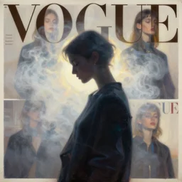 sleepy fashion model silhouette smoke, soft sun light, fog, fuzzy iridescent glare, poster art, high detail, intricate oil painting, multiple exposure, vouge cover style, by stanley kubrick and greg rutkowski