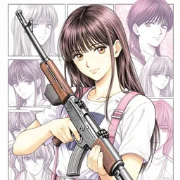 girl holding rifle, manga!! detailed manga illustration!! intricate details, aesthetically pleasing pastel colors, poster background, aesthetic details, art by conrad roset and ilya kuvshinov