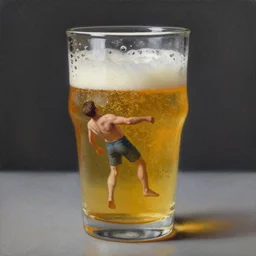 a tiny realistic proportioned man submerged inside a beer glass. beautiful detailed painting by artgerm and magali villanueve and michael whelan