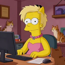 portrait photograph, crazy cat lady from the simpsons, working in an office, surrounded by cats