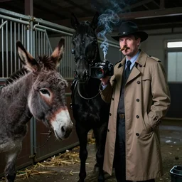 noire detective shot with 4k dslr camera of a horse detective. My home used to be stable, now lifes gone to trott. Donkey in a trenchcoat smoking acigar. MDMHay infused darkroom darkengine shot by netflix, high budget, cgi by james gunn.