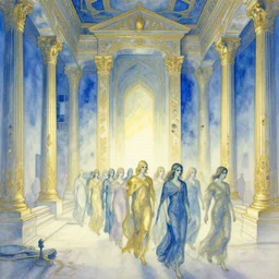 procession in a blue and gold haunted liminal abandoned temple, watercolor by gottfried helnwein, by hammershøi, art noveau, highly detailed, lights by edward hopper, liminal, eerie, bright pastel colors