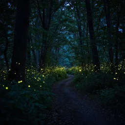 magical forest at night with fireflies