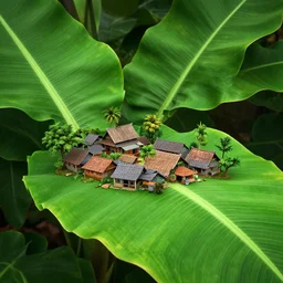very very small kerala village, sitting on a gigantic green plantain leaf by ilya kuvshinov, rtx rendering, octane render 1 2 8 k, maya, extreme high intricate details by tom bagshaw, medium shot, close up shot, composition by sana takeda, lighting by greg rutkowski