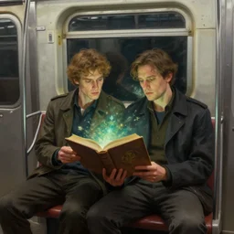 a painting of two men reading a magical book while sitting in a subway car, by rutkowski and artgerm, highly detailed, trending on artstation, movie concept art, cinematic lighting