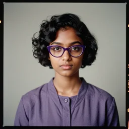 kodak portra 4 0 0, 8 k, highly detailed, britt marling style, color studio - portrait of a handsome cute 2 0 - year - old black short - haired hyderabadi american woman with cat eye glasses wearing purple, muted colors, up face with 1 9 2 0's hairstyle and cloth style, asymmetrical, hasselblad