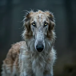 borzoi with a very long nose and windy ears with glowing eyes, photorealistic, fantasy, moody, ultradetail, alex grey