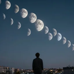 the sky is crowded with many multiple moons. a thousand moons in the sky. focus on the sky. man looking at the moons in the city sky. moons moons moons moons moons moons moons! fantasy art by noah bradley, patrick woodroffe, chris rahn. extremely high details, realistic, masterpiece, artstation contest winner