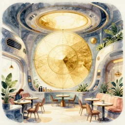 a beautiful illustration of futuristic cafe interior, big medium small, sacred geometry, golden ratio, in watercolor gouache detailed paintings, in style of syd mead, trending on artstation, 8 k, panel, hard surface, vent, zaha hadid, props, plant, cozy, decoration around the room, simon stalenhag, deus ex