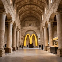 Beautiful Promotional  Photograph of the inside of an ancient Roman McDonalds, wideshot,longshot,fullshot.