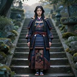 gorgeous japanese warrior princess standing on stairs in a fantasy garden, long hair, beautiful intricately decorated clothing, beautiful face, natural pose, backlight, dusk, shallow depth of field, fantasy matte painting, coherent composition, karole bak, mohrbacher, hasui kawase