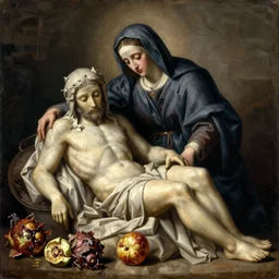 la pieta ultrarealistic ultradetailed painting of catholic veiled lady beside rotten fruit still life, greg rutkowski, immerse, 1 9 th century, slime, special effects makeup, maximalist, glittering, gold, ivory, hyperreal, golden ratio, alphonse mucha