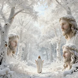 a fantasy landscape with white beautiful trees, jesus, perfect faces