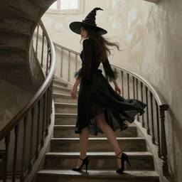 witch walking up a spiral staircase wearing high heels, fantasy art style