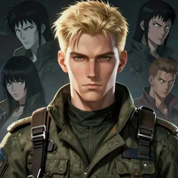 A young, ruggedly handsome dieselpunk man in military fatigues || VERY VERY ANIME!!!, fine-face, handsome face, blond hair, realistic shaded Perfect face, fine details. Anime. realistic shaded lighting poster by Ilya Kuvshinov katsuhiro otomo ghost-in-the-shell, magali villeneuve, artgerm, Jeremy Lipkin and Michael Garmash and Rob Rey