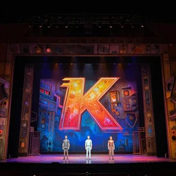 photo of a huge theaterstage, theaterplay is bladerunner, 3 actors on stage, 8 k, multicolored, exaggerated detailed, long shot