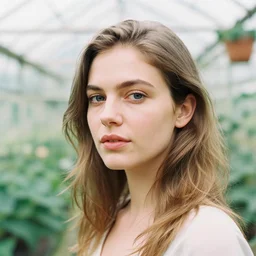 head and shoulder portrait photograph of a woman inside a greenhouse by nina masic. pastel colors. Portra 400 film. Mamiya 7. highly detailed. hq. photoreal.