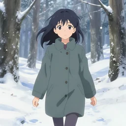 highly detailed anime girl walking through snowy forest, upper body shot, beautiful face and eyes by haruko ichikawa, makoto shinkai