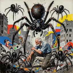 decollage painting old man old man struggling in a ruined city full of gigantic spiders, mould disintegrating into black dripping ink and slime, by adrian ghenie and takato yamamoto and edward hopper and mark ryden and tsutomu nihei, part by bridget riley, acrylic pour and splashing paint, very coherent, baroque elements, perfect anatomy, intricate design. pop art.