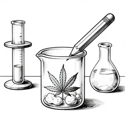 pencil and ink outline style sharp angles laboratory beakers portrait of cannabis alchemy experiment octane illustration