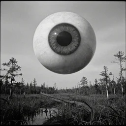 movie still by tarkovsky of a gigantic eyeball in the sky over a swamp landscape, cinestill 8 0 0 t 3 5 mm b & w, heavy grain, high quality, noir, natural textures, photorealistic, ambient occlusion, hd, ultra wide lens, anamorphic