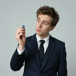 man in a suit holding gem with curiosity, trying to learn, by simon stalenhag