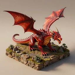 3D render of a red dragon, isometric view, diffuse lighting