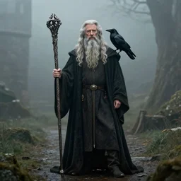 david letterman as merlin, his beard is long, almost hitting the ground, he is holding a staff and a raven sits on his shoulder, atmospheric, foggy, excalibur, camelot style