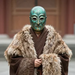 a monk in fur cloak with a bronze mask