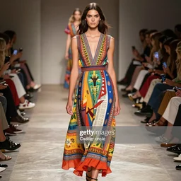 designer women's fashion dress themed to the Burning Bush in the Bible, vibrant colors, prints, fashion show, gettyimages