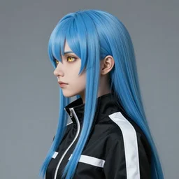 profile shot of rimuru tempest, sky blue, straight hair, long bangs, | gold colored eyes | wearing a black jacket with white stripes, very high collar, highly detailed, unreal engine 5, digital painting, cinematic, wlop | artgerm, pixiv, yoshitaka amano, greg rutkowski, ilya kuvshinov, andy warhol