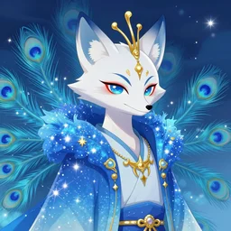 portrait from a popular anime of an ethereal colorful blue starry fox peacock spirit character accented in gold, golden fangs, wearing star filled magic imbued mage robes, wearing lots of gold jewelry and gems, set in observatory at night, art by yuji ikehata, background art by miyazaki, detailed, proper human proportions, fully clothed, real anime