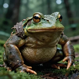macro medium shot, rugged anthropomorphic muscular oversized ( ( ( ( ( frog ) ) ) ) ) barbarian hunter in deep forest, kodachrome film still