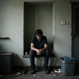 a gaunt man sitting in alcove on an apartment, surrounded by decrepit things