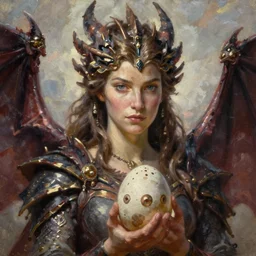 the mother of dragons holding a dragons egg, beautiful oil painting, high detail, oil painting, greg rutkowski, charlie bowater, beeple, unreal 5, daz, hyperrealistic, octane render, rpg portrait, dynamic lighting, fantasy art, beautiful face