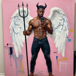 A mirror selfie of a black handsome muscular man with white angel wings and black devil horns holding an iPhone, pitchfork, full body, pink background, abstract jean-Michel Basquiat oil painting with thick paint strokes, oil on canvas, detailed