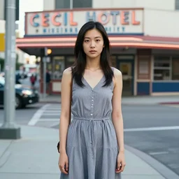 photorealistic photo of a chinese canadian girl elisa lam wearing a everyday dress at the cecil hotel in los angeles