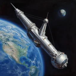 an epic fantasy painting of a space elevator as a megastructure between earth and orbit