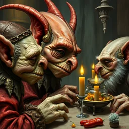 closeup profile portrait of medieval goblins having a banquet, nicoletta ceccoli, mark ryden, lostfish, max fleischer, hyper realistic, artstation, illustration, digital paint, matte paint, vivid colors, bright, cheerful, detailed and intricate gothic environment