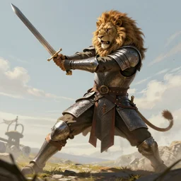 medieval lion warrior fighting with a sword, book cover, digital art, detailed, realistic, artstation
