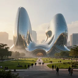 epic street view of a futuristic building made of glass and mercury, smooth parametric architecture, by zaha hadid and frank gehry, parks and green meadows, crowds of people, concept art, solarpunk, misty, dramatic lighting, golden hour, cinematic, 8 k