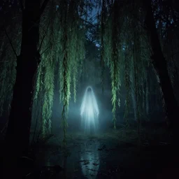 swamp nighttime midnight wisp o the willows eerie creepy glow midnight bog keith thompson michael whelan olivier scott fischer yoji shinkawa hyperrealism photorealistic hyperrealism ghost ghostly ghastly hauntings creepy photo - realistic photography volumetric lighting enchantingly beautiful forest woods scary haunted 8 k