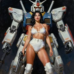 A mixed media portrait painting of a beautiful woman an alien planet repairing a gundam head, very curvy, aesthetic! high-waisted white-bikini-armor and boots, holding a ray-gun, aesthetic symmetrical face and eyes, model, wet, discarded mechsuit in background, by  Frank Frazetta, Boris Vallejo, Beeple, Greg Rutkowski, Christian MacNevin, eighties-pinup style, epic fantasy character art, high fantasy, CGsociety, exquisite detail, post-processing, masterpiece, cinematic