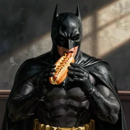 Batman eating hot dog by Mandy Jurgens