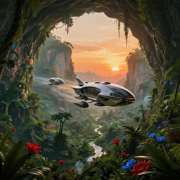 a photo of futuristic flying vehicles hurtling through a lush prehistoric jungle cave, mountains, vines, water, scattered red and blue flowers, sunset, orange sky, lush flora, beautiful artwork, volumetric lighting, haze, hyperrealistic, 8 k
