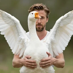 ryan gosling fused with a white goose, wings, humanoid, hands, natural light, bloom, detailed face, magazine, press, photo, steve mccurry, david lazar, canon, nikon, focus
