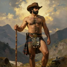 a dramatic epic beautiful painting of a shirtless desi man with thick thighs | he is wearing a plaid kilt and cowboy hat, he is holding a walking stick, and he is very hairy | background is mountains and clouds | dramatic lighting, golden hour, homoerotic | by mark maggiori and walter crane | trending on artstation