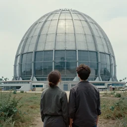a young couple admiring a sci - fi utopian nuclear containment building by a. j. casson, a sense of hope