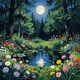 ( ( ( ( ( ( gediminas pranckevicius ) ) ) ) ) ), a pond in the forest, moonlight, flower garden summer morning, very coherent and colorful high contrast art by simon stalenhag floralpunk screen printing woodblock, dark shadows, pastel color, hard lighting, high saturation